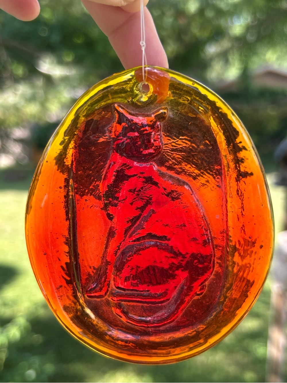 Handblown Cat Amber-Red Glass Suncatcher Ornament 4x3.5